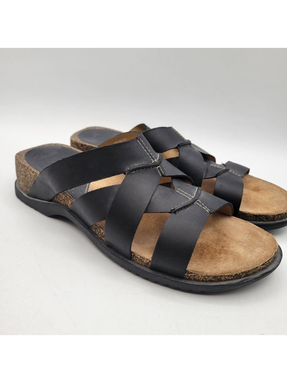 Clarks Black Slide Slip On Strappy Leather Comfort Sandals Arch Support Sz 8.5